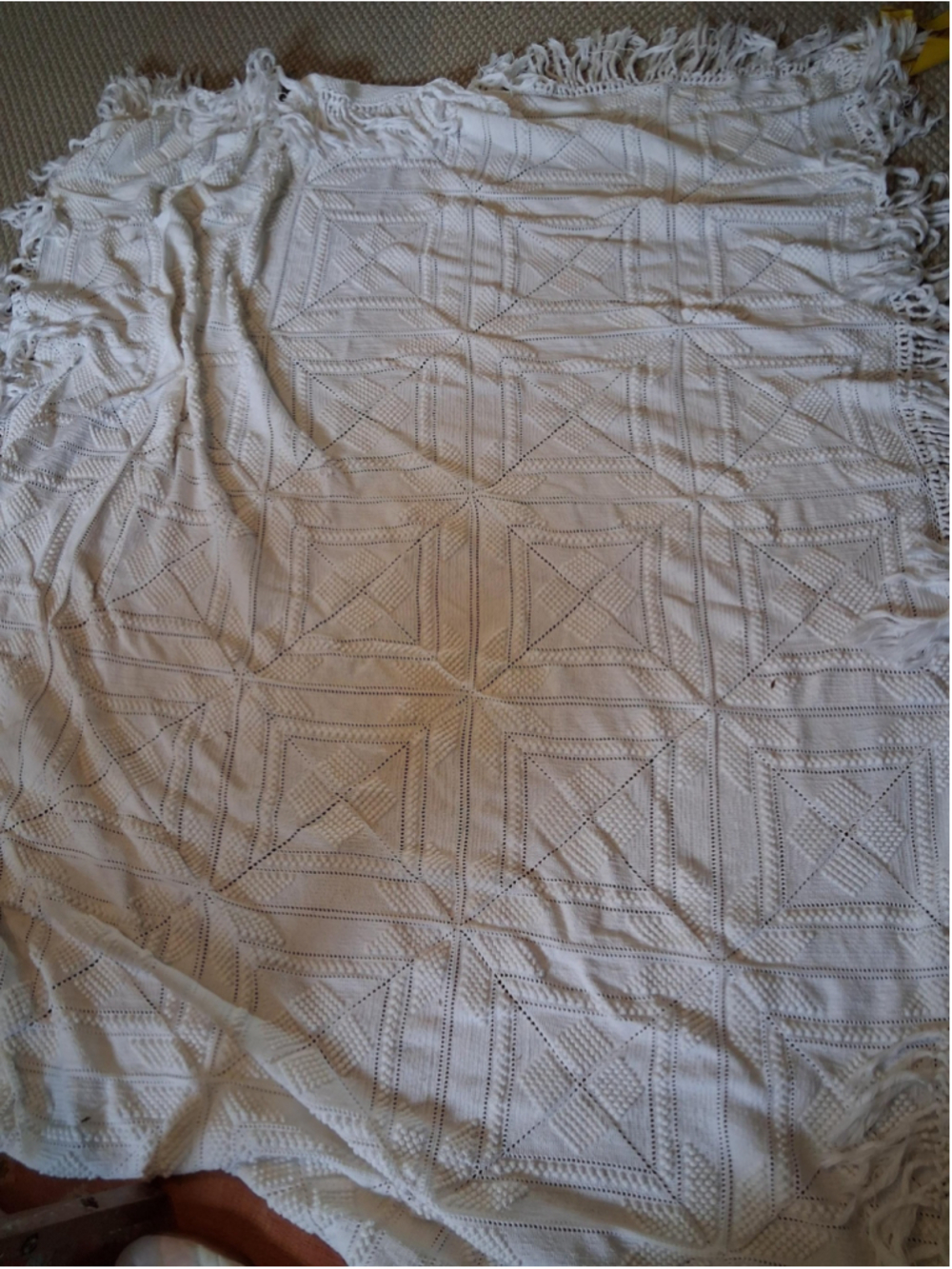Vintage Handmade crocheted bedspread , popcorn stitch with geometric square patt